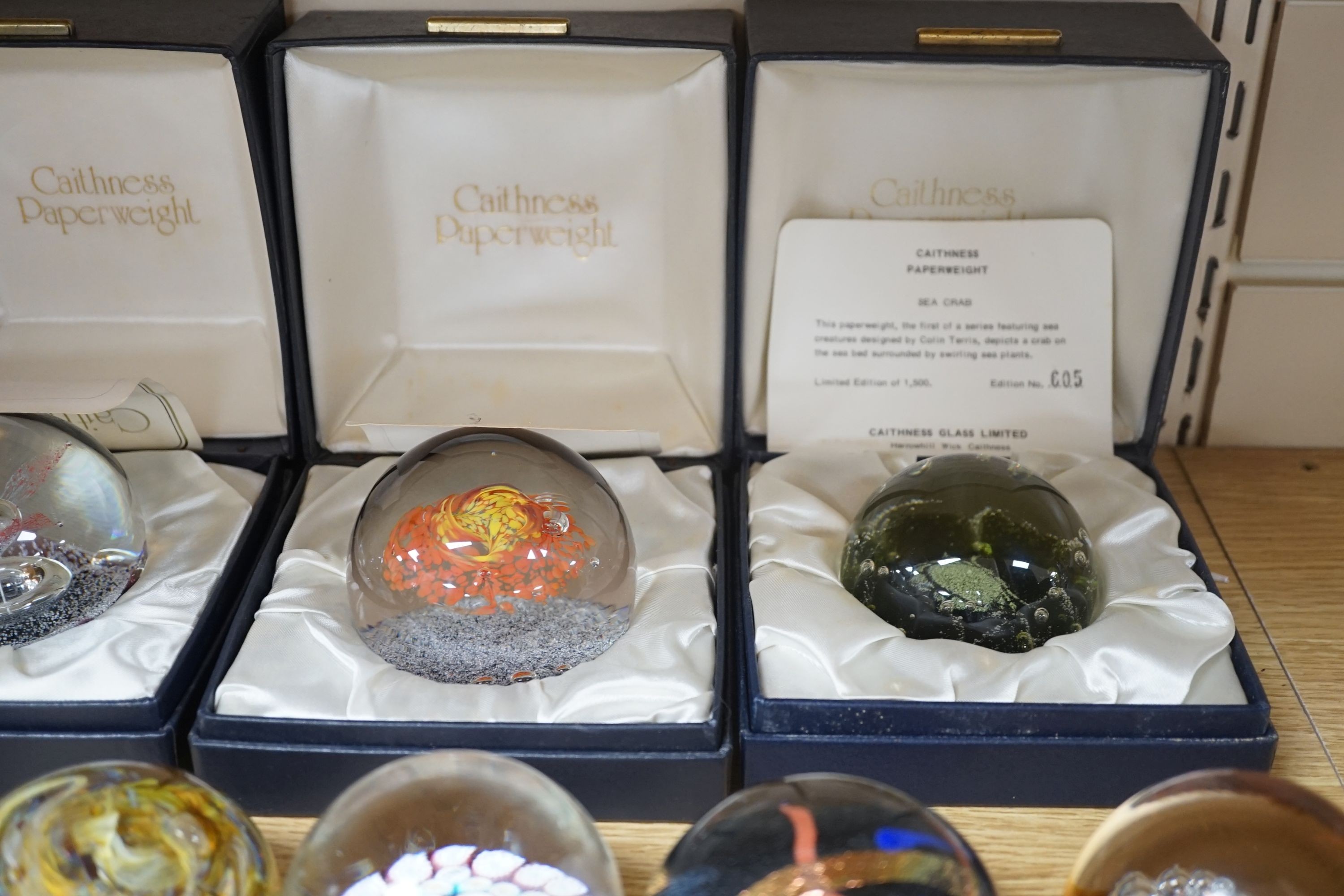 2 Caithness glass vases together with 11 various paperweights, including 3 boxed Caithness and a Baccarat paperweight.